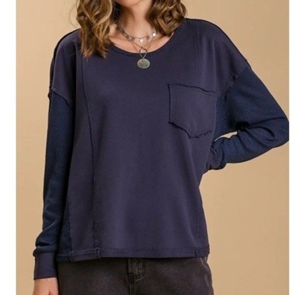 Umgee Top Navy Blue Mixed Media Waffle Knit‎ Long Sleeve Boho Oversized Boxy L